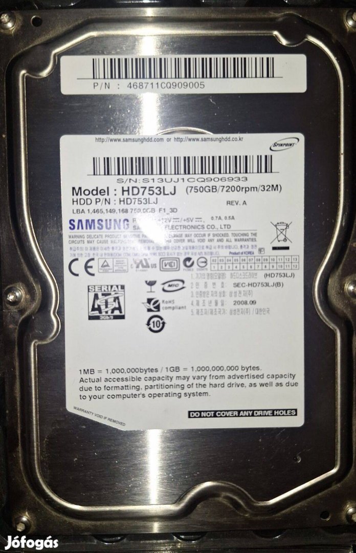 Samsung 750GB 32MB 7200 (100/100) (1 hét próbagari)