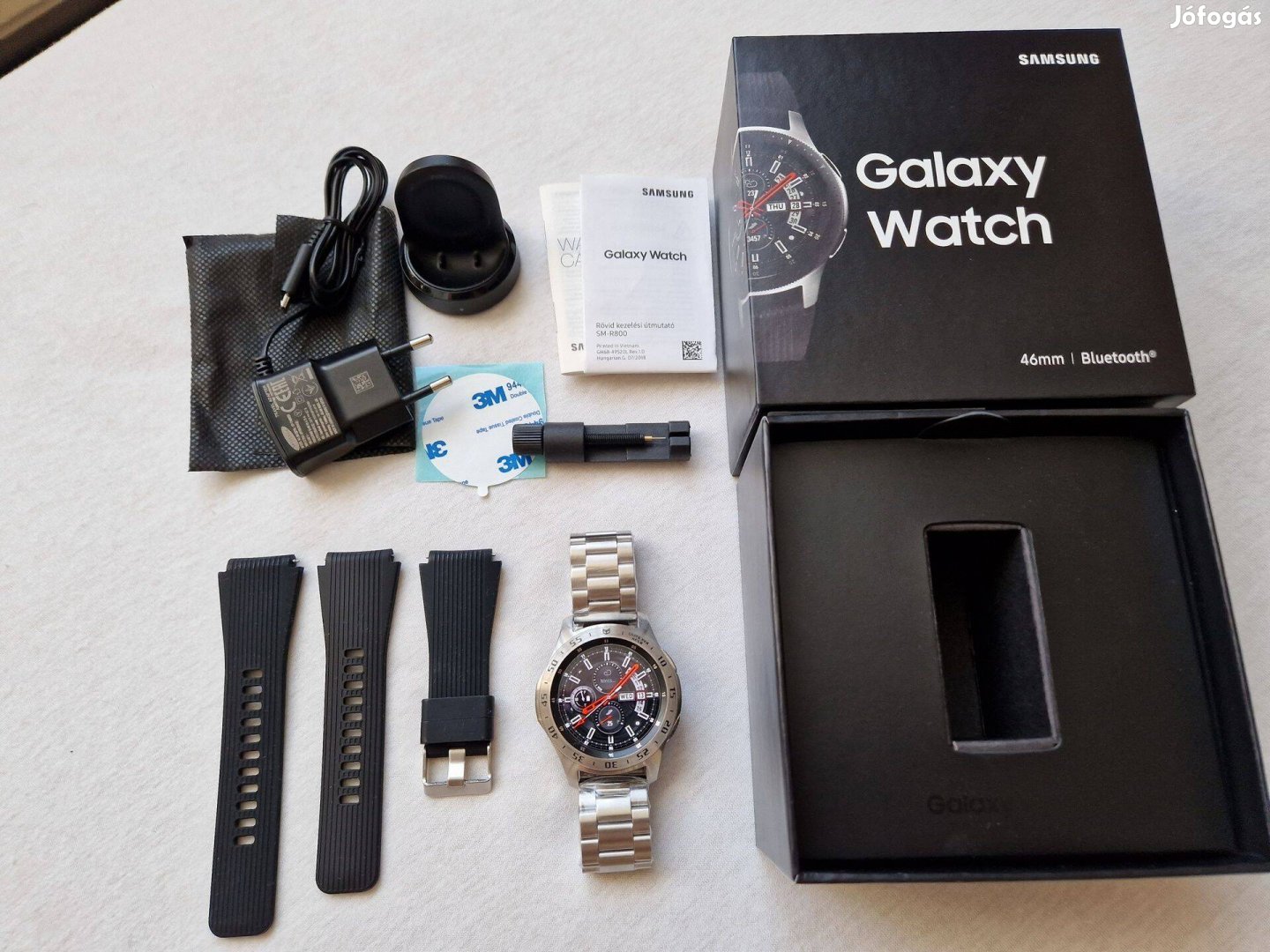 Samsung Galaxy Watch 46mm okosóra +fém szíj +gyűrű +üvegfólia +kiegész