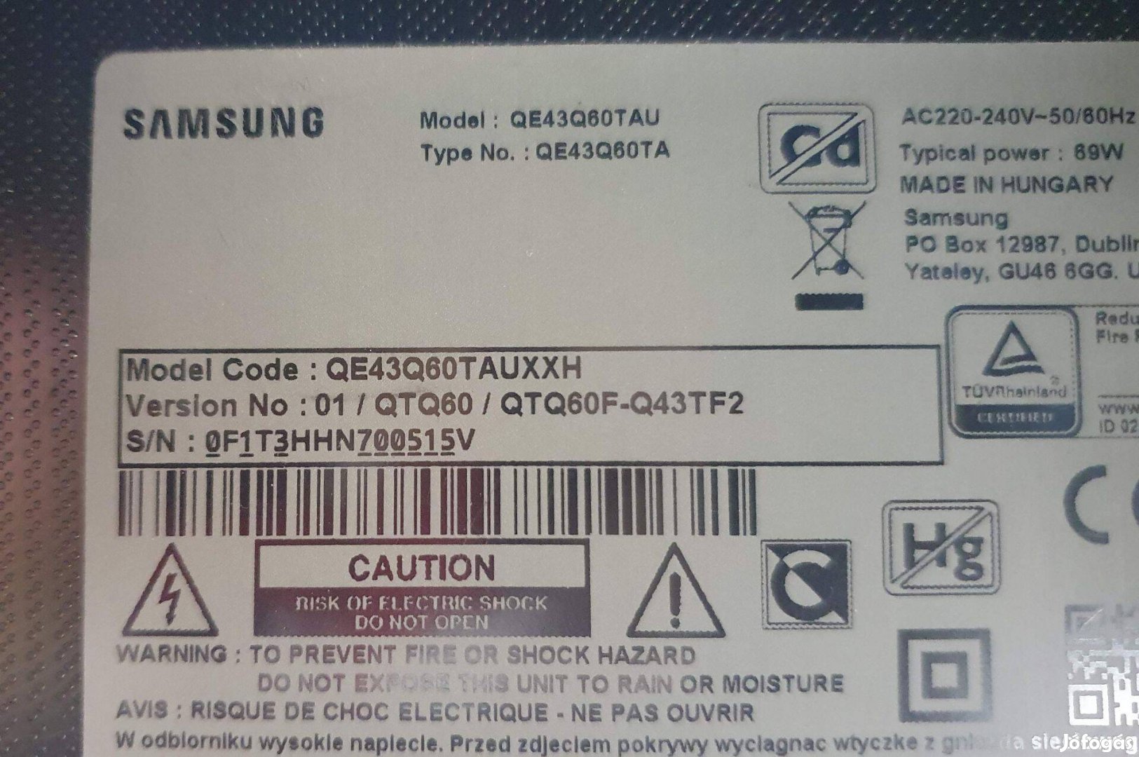 Samsung QE43Q60TAU LED tv hibás törött alkatrésznek UHD 4K
