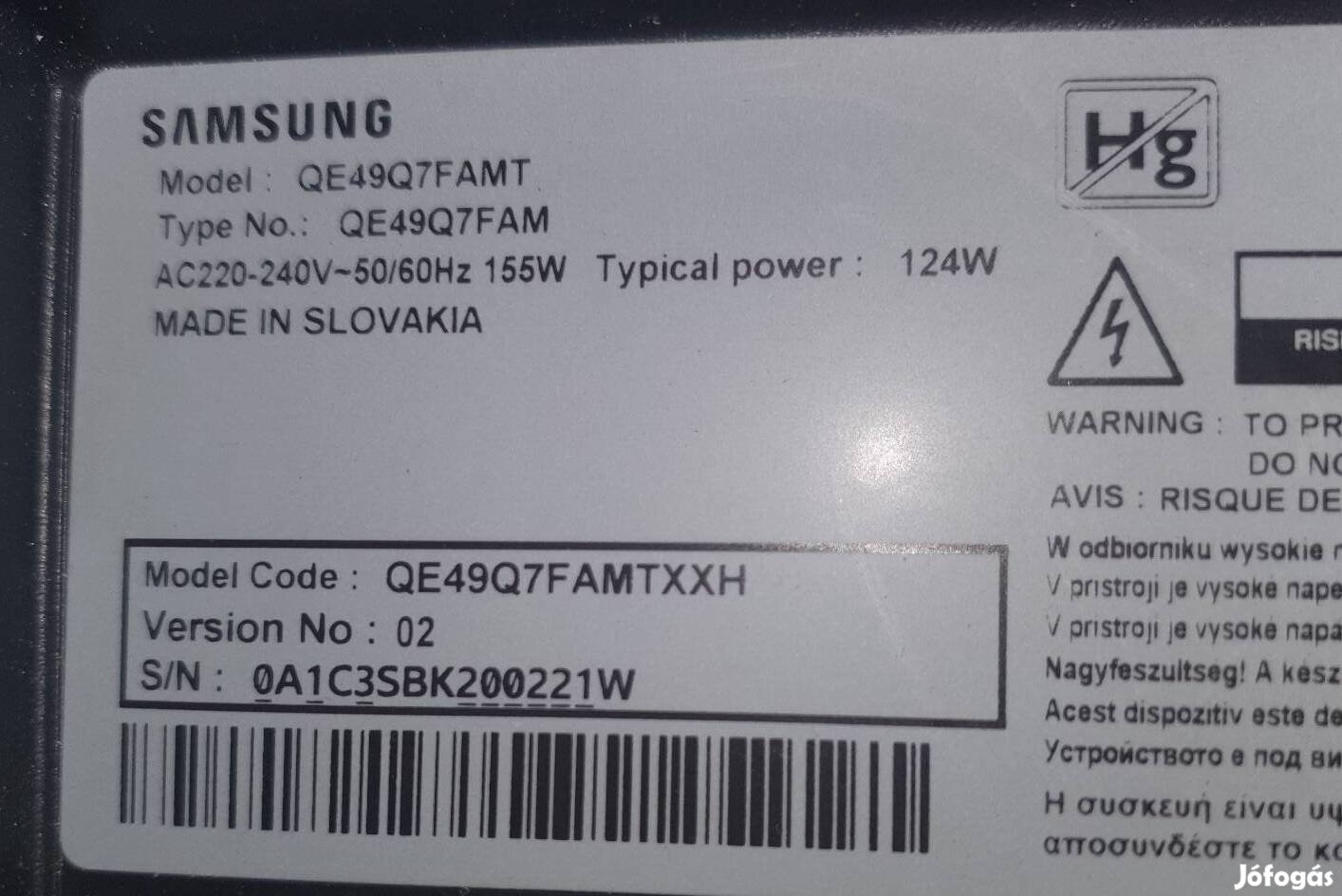 Samsung QE49Q7Famt LED tv hibás törött alkatrésznek