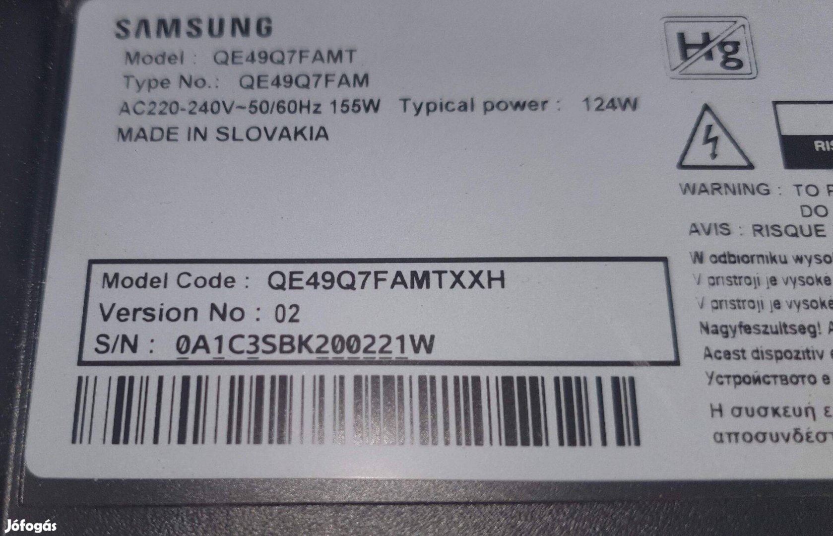 Samsung QE49Q7Famt LED tv hibás törött alkatrésznek eladó