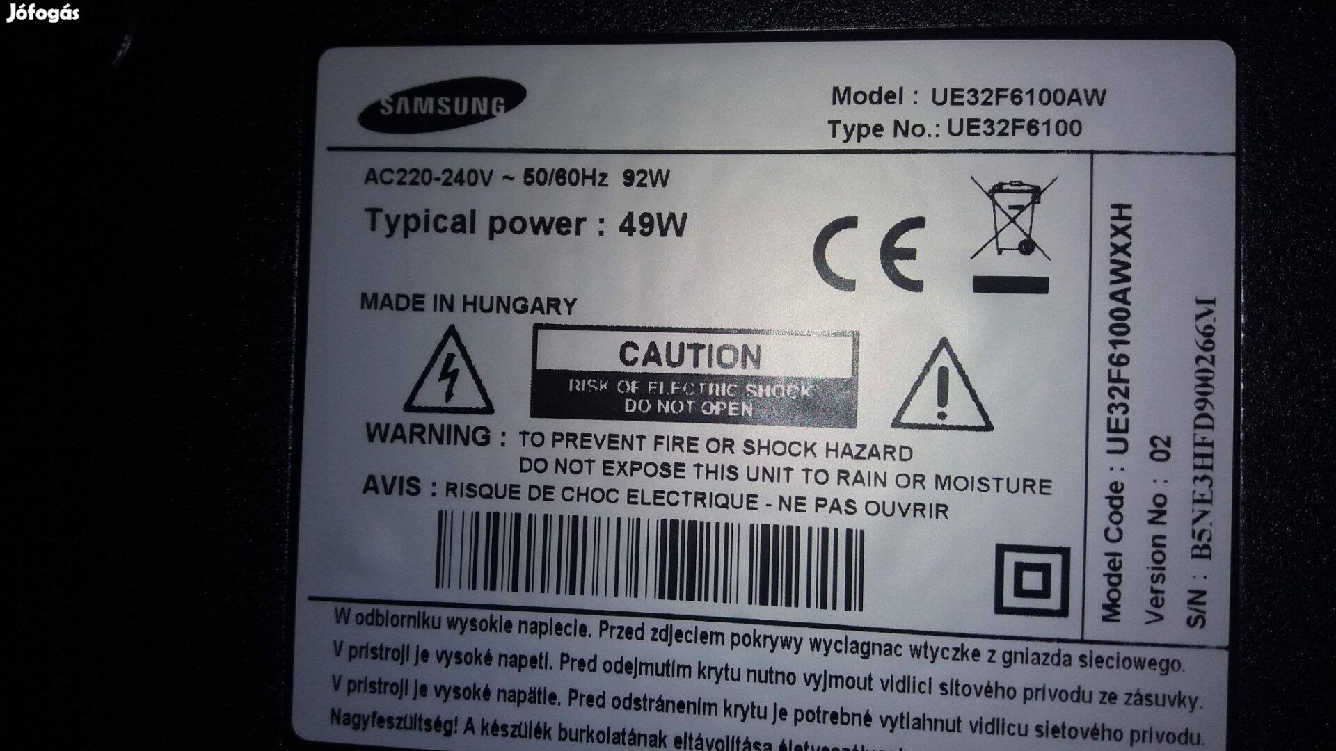 Samsung UE32F6100AW LED LCD tv hibás törött UE32F6100 Táp elkelt!