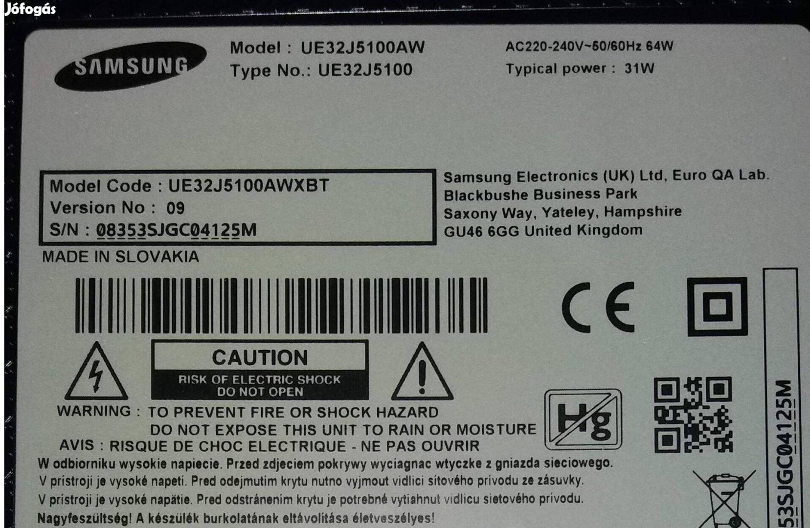 Samsung UE32J5100AW LED LCD tv törött UE32J5100 táp,mainboard elkelt
