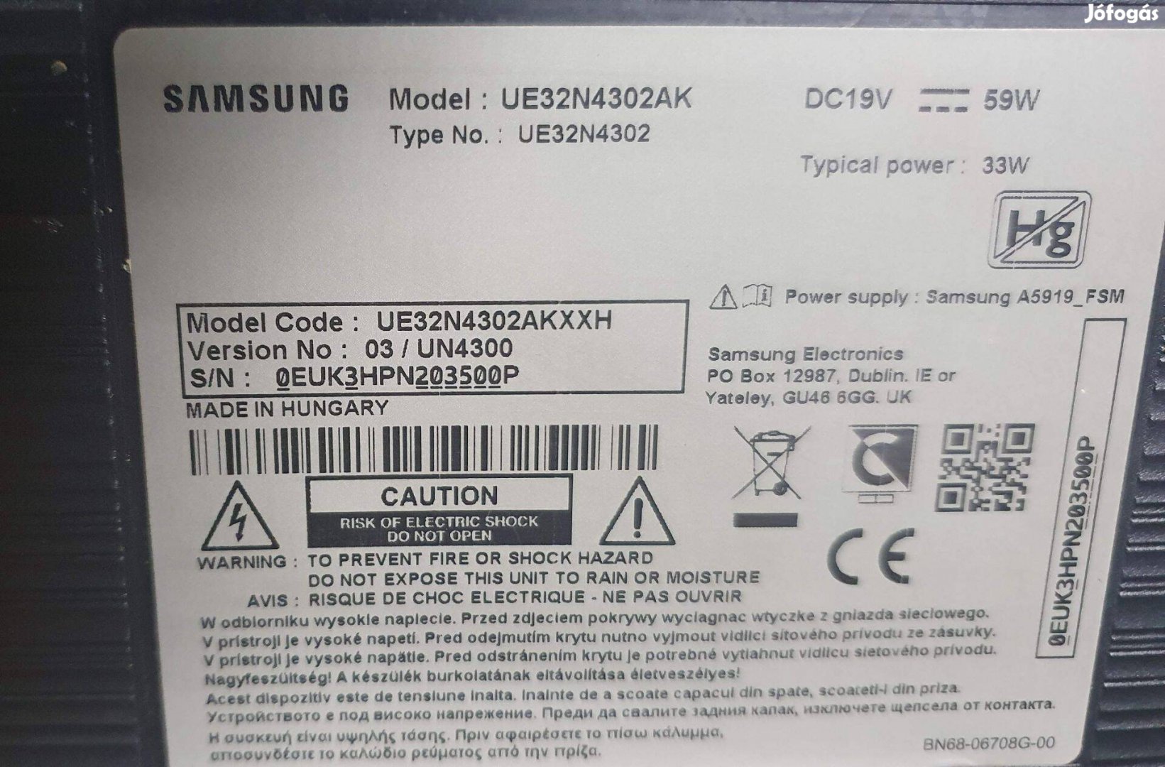 Samsung UE32N4302AK LED LCD tv hibás törött alkatrésznek UE32N4302