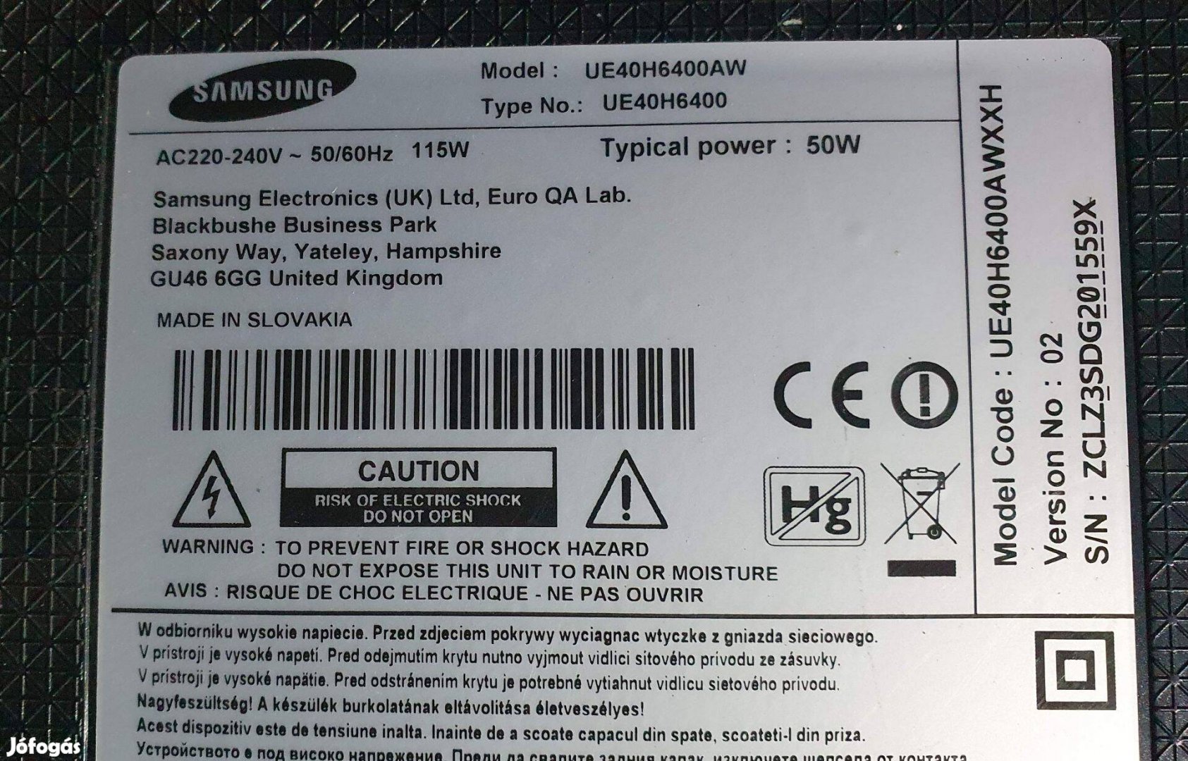 Samsung UE40H6400AW Smart LED tv hibás törött alkatrésznek