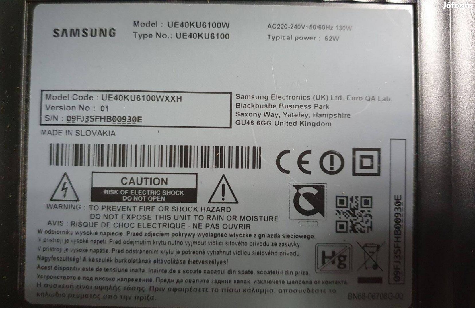 Samsung UE40KU6100 LED LCD tv Smart hibás törött alkatrésznek