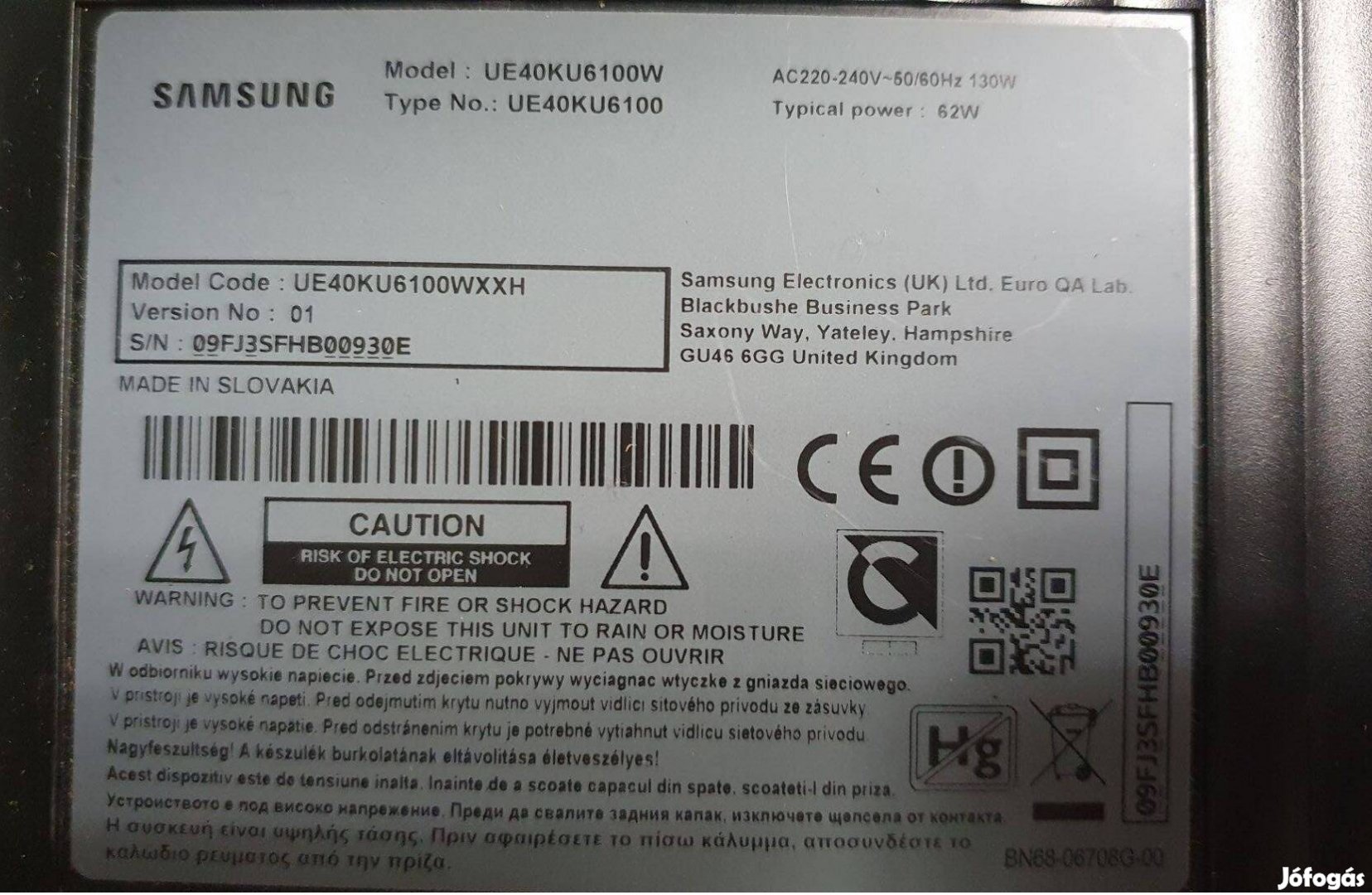 Samsung UE40KU6100 LED LCD tv Smart hibás törött alkatrésznek