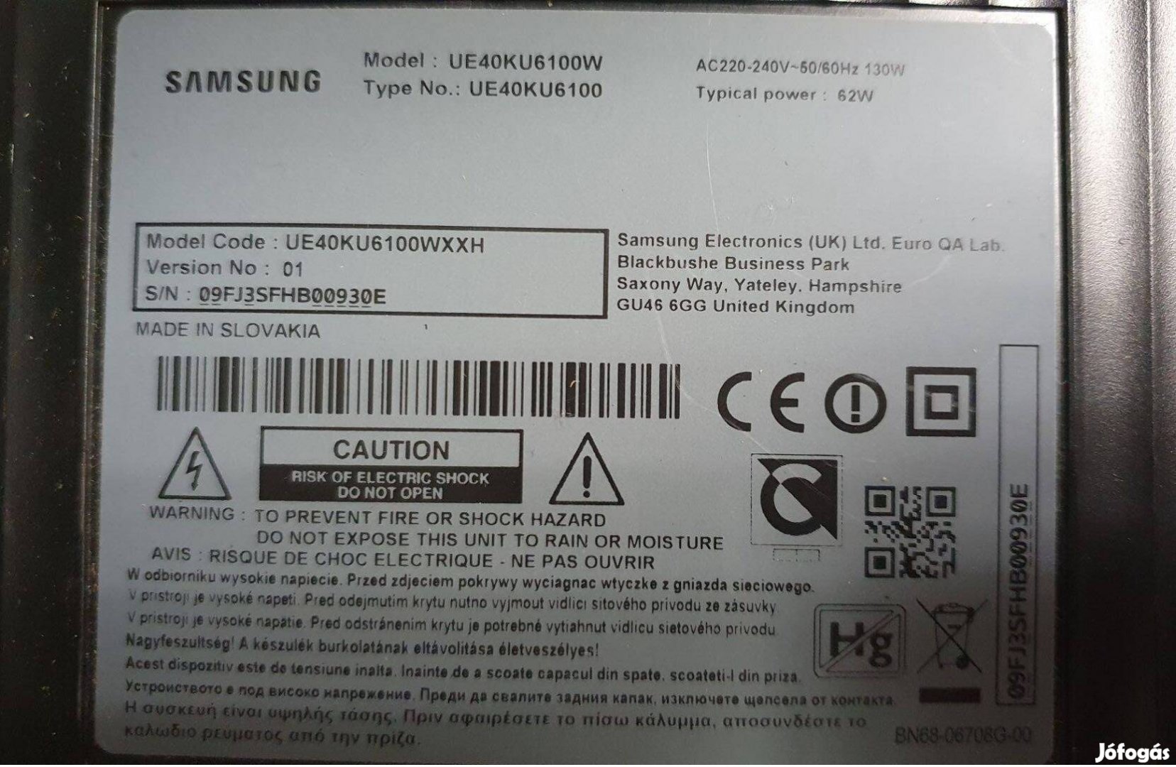 Samsung UE40KU6100 LED LCD tv Smart hibás törött alkatrésznek