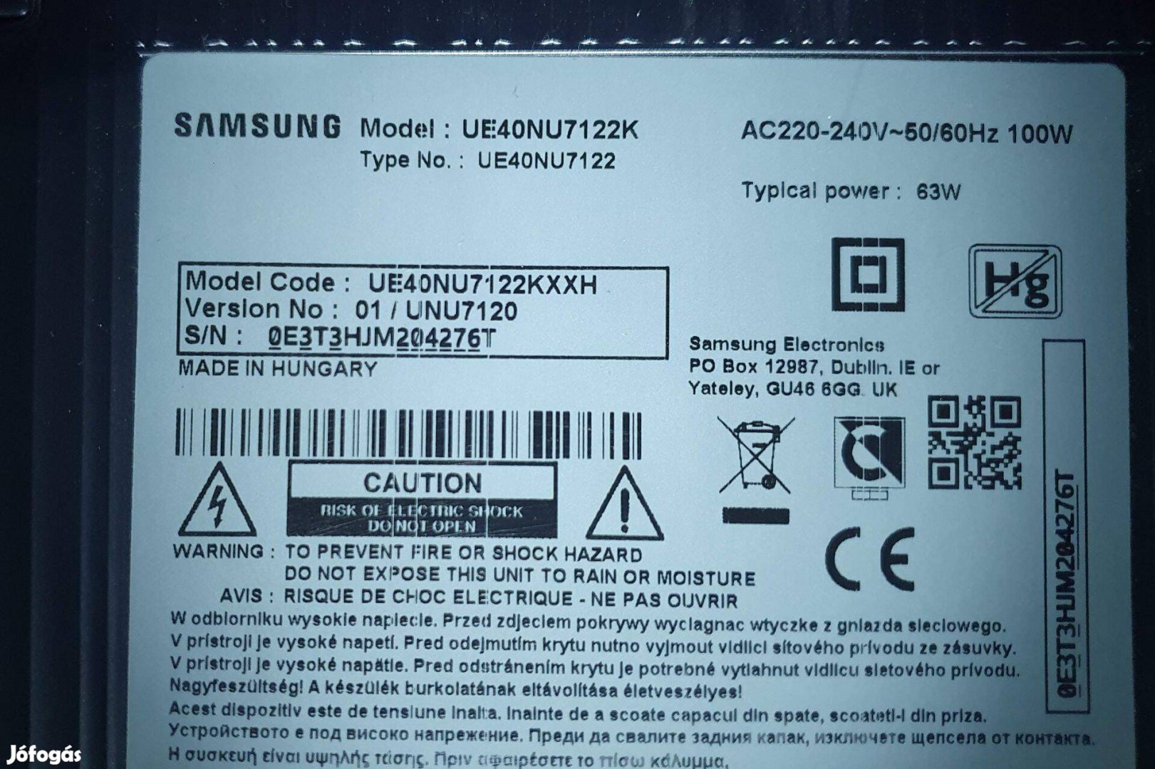 Samsung UE40NU7122K LED tv hibás törött alkatrésznek