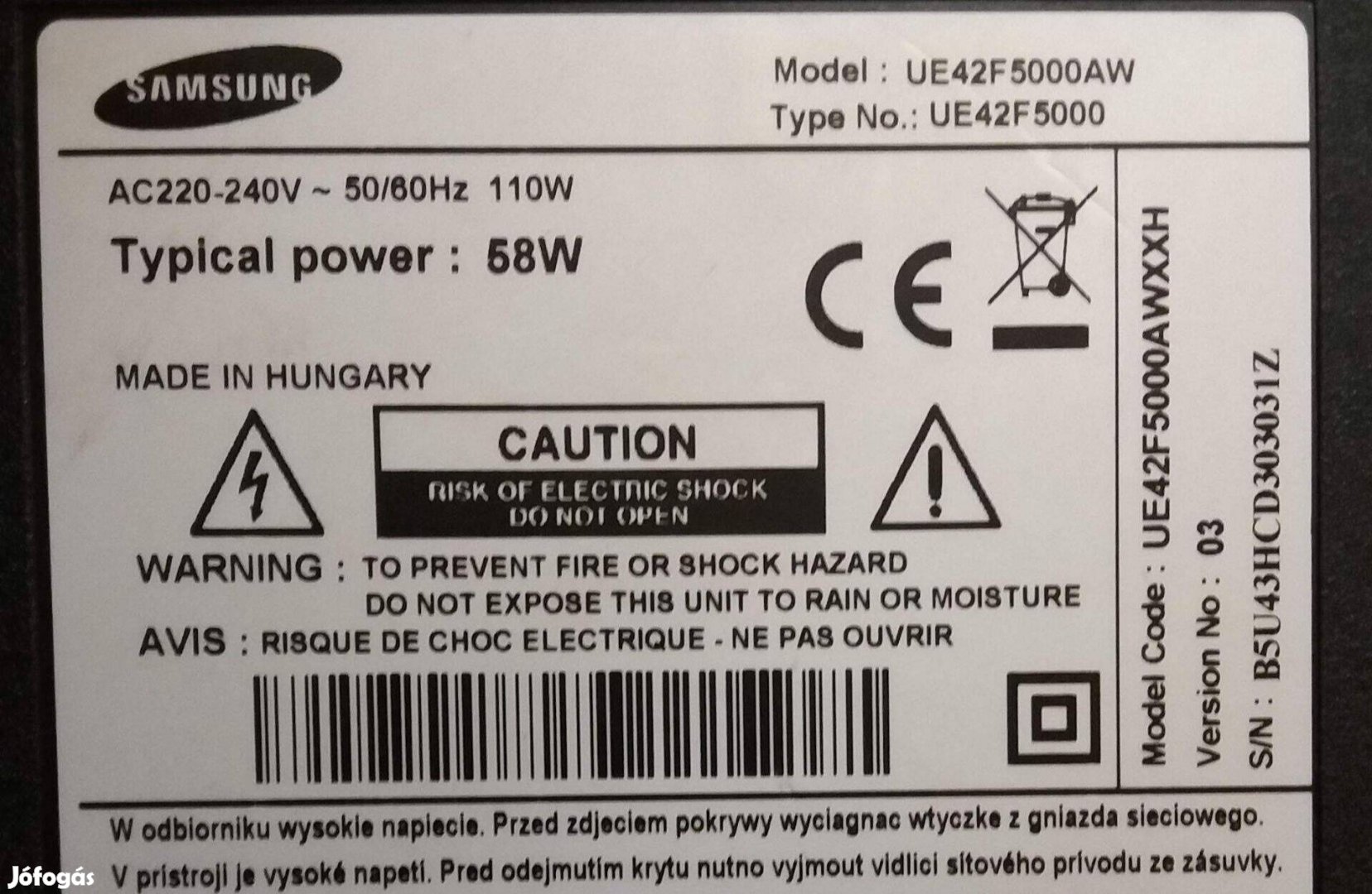 Samsung UE42F5000 LED LCD tv panelek alkatrésznek V03 UE42F5000AW