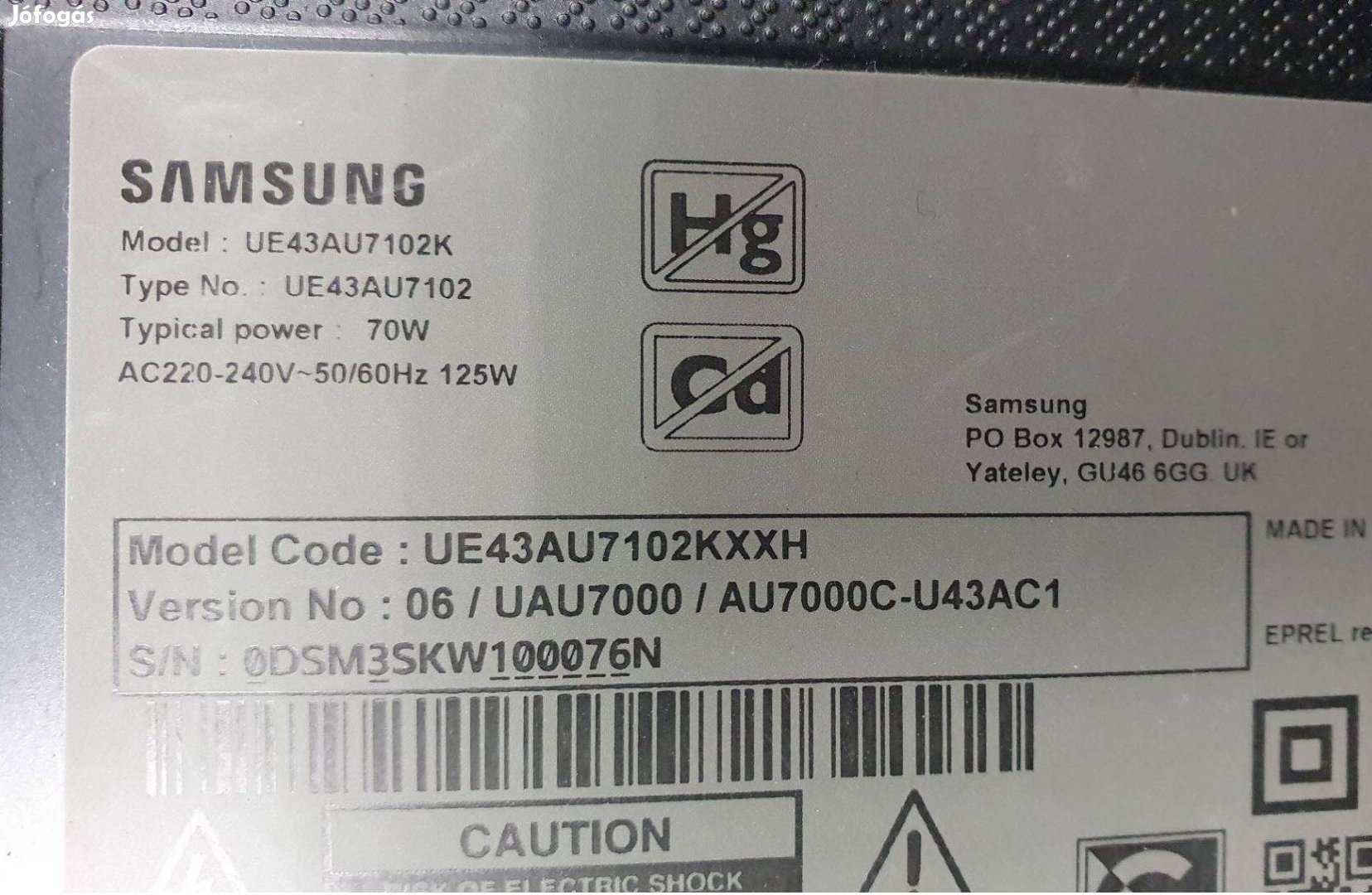 Samsung UE43AU7102K LED tv hibás törött alkatrésznek UE43AU7102