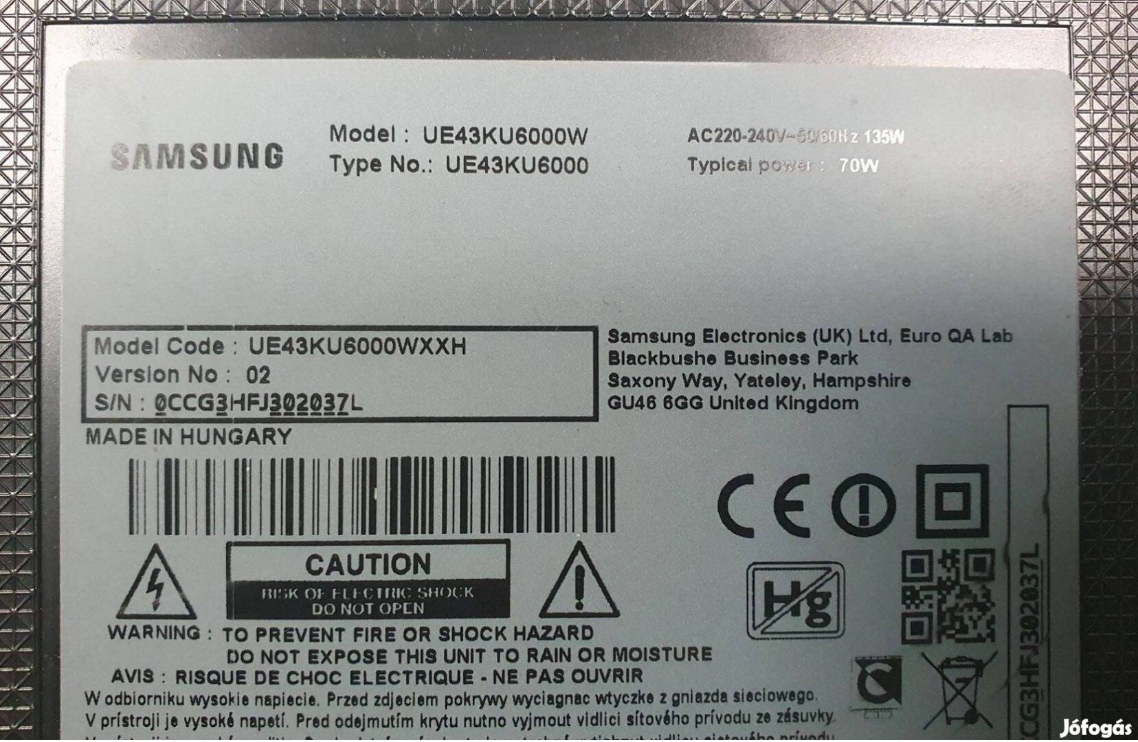 Samsung UE43KU6000W LED tv hibás törött alkatrésznek main elkelt