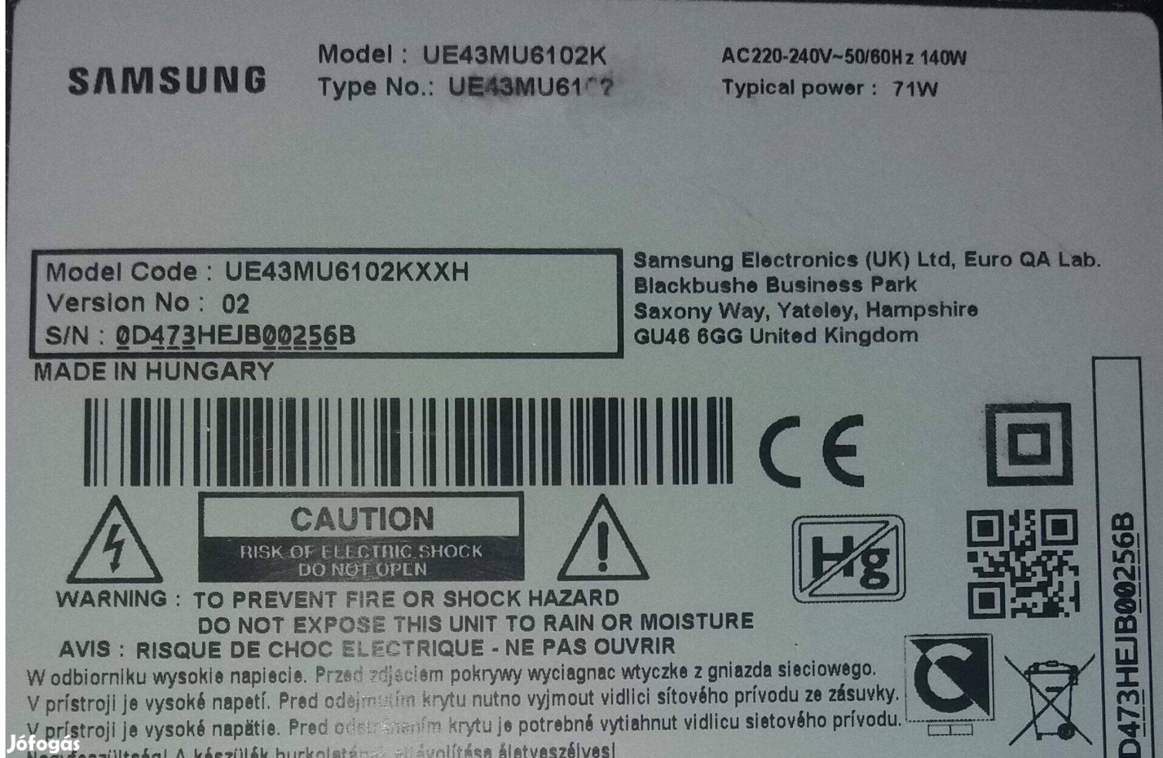 Samsung UE43MU61022 LED tv háttér világítás minden más elkelt!