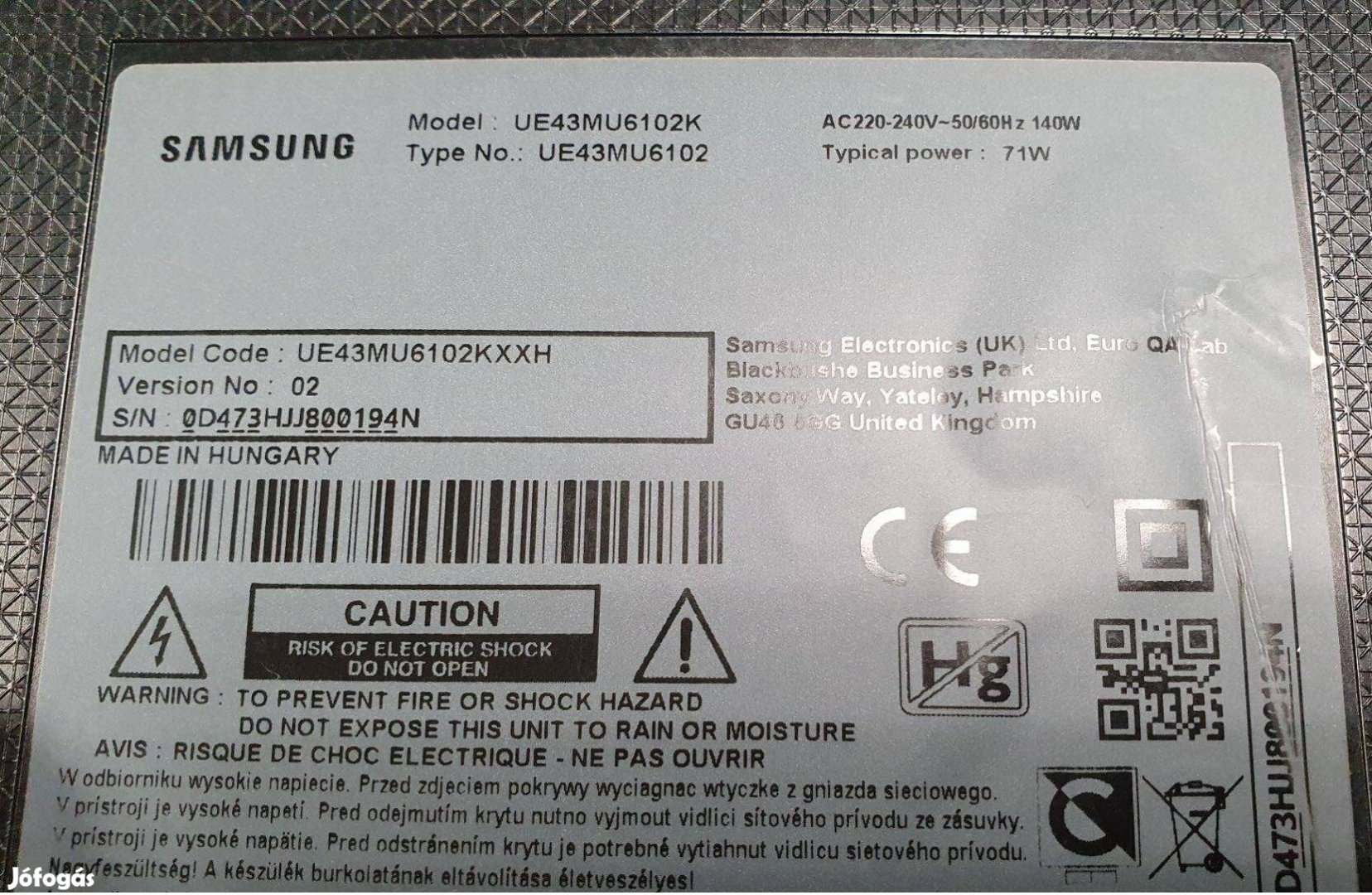 Samsung UE43MU6102 LED LCD hibás törött UE43MU6102K mainboard elkelt!