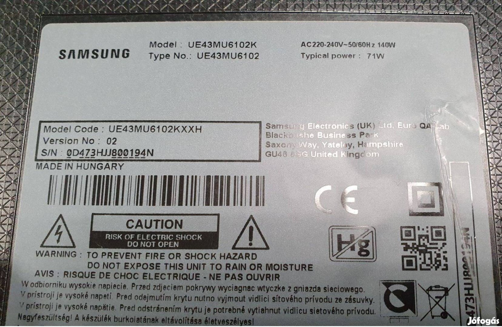 Samsung UE43MU6102 LED LCD hibás törött UE43MU6102K mainboard elkelt!