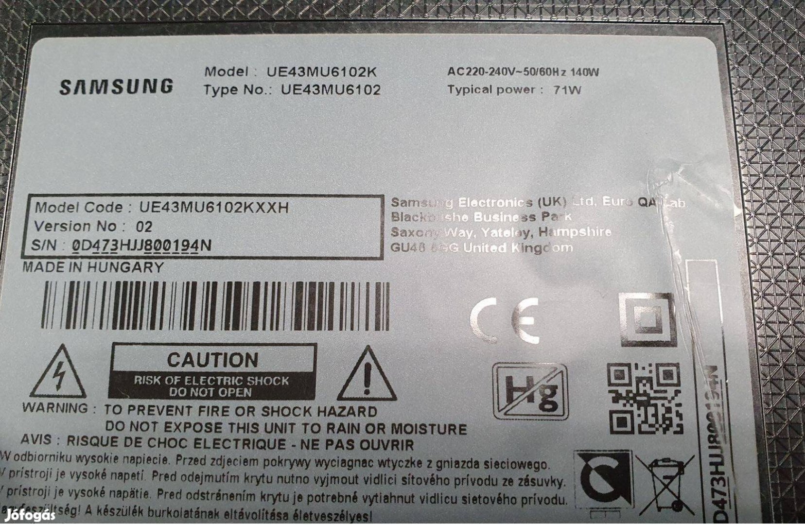 Samsung UE43MU6102 LED LCD hibás törött UE43MU6102K táp elkelt