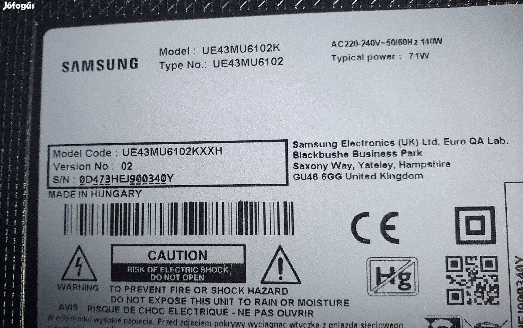 Samsung UE43MU6102 LED LCD hibás törött alkatrésznek UE43MU6102K