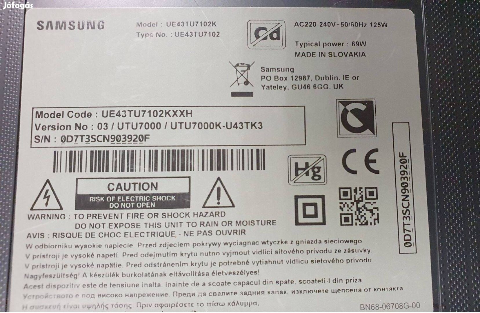 Samsung UE43TU7102K LED LCD smart tv hibás törött alkatrésznek V03