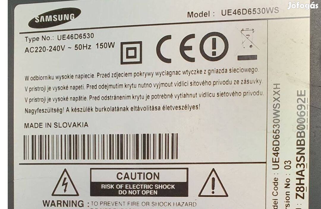 Samsung UE46D6530 LED LCD tv hibás törött alkatrésznek main elkelt!