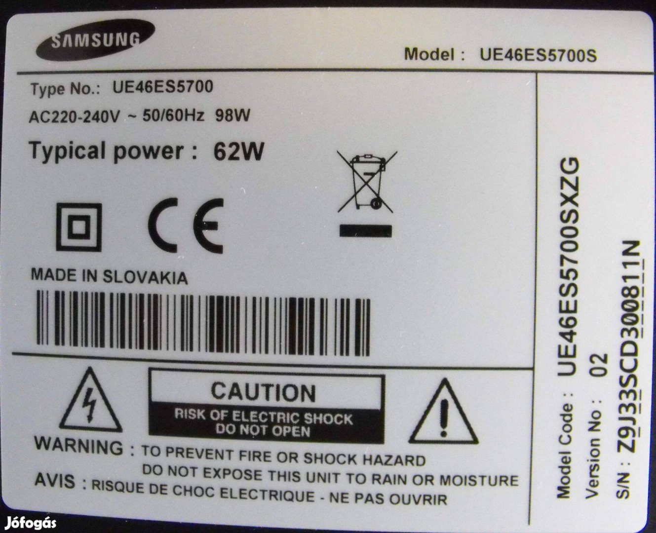 Samsung UE46Es5700Sxzg tápegység: BN44-00502A