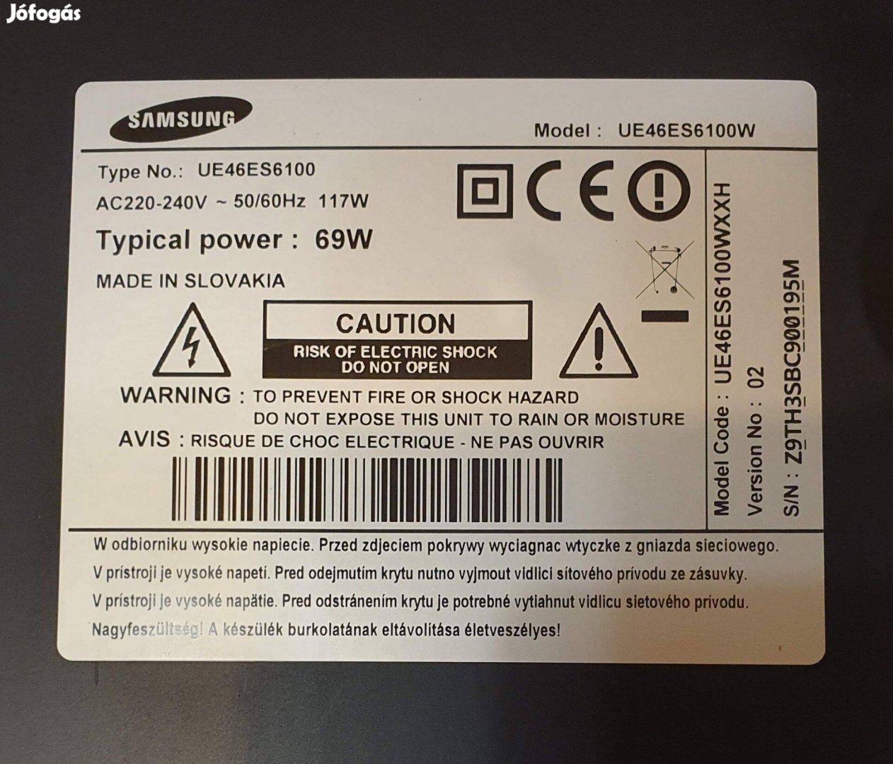Samsung UE46Es6100W LED LCD tv hibás törött alkatrésznek UE46Es6100