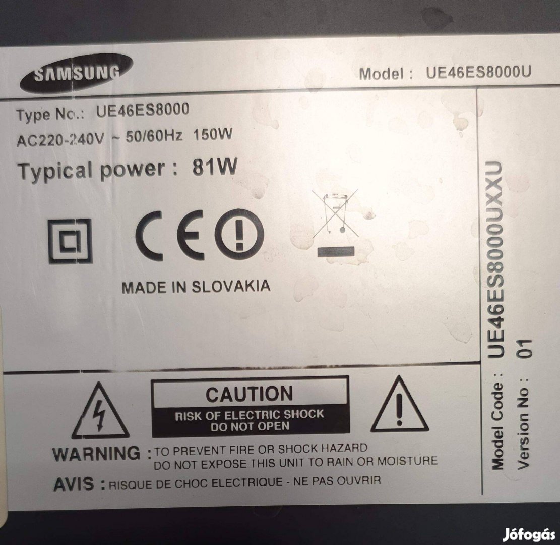 Samsung UE46Es8000U LED tv hibás törött UE46Es8000 Mainboard elkelt