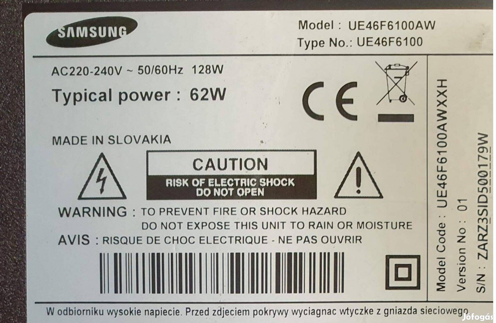 Samsung UE46F6100AW LED LCD hibás törött,táp elkelt UE46F6100