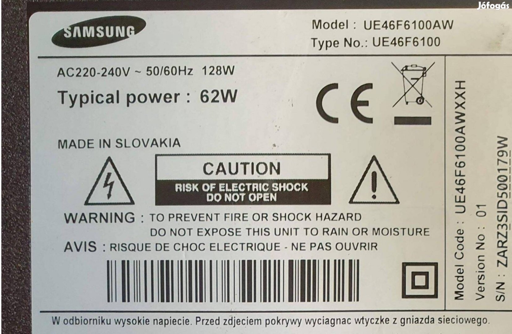 Samsung UE46F6100AW LED LCD hibás törött,táp elkelt UE46F6100