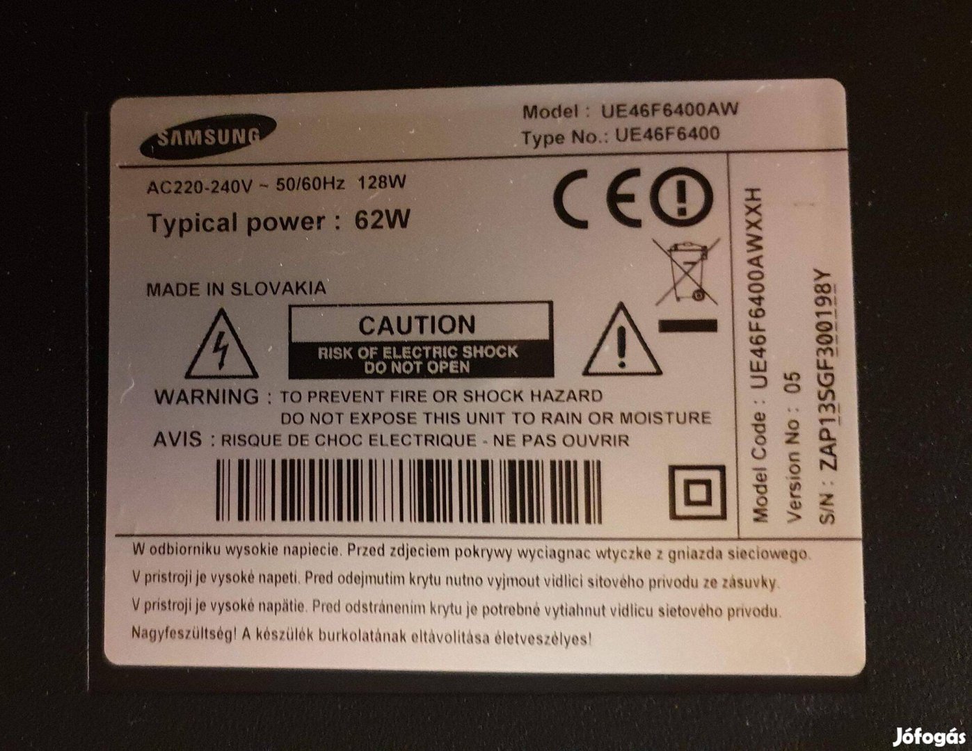 Samsung UE46F6400AW LED tv törött UE46F6400 Táp,Tcon elkelt