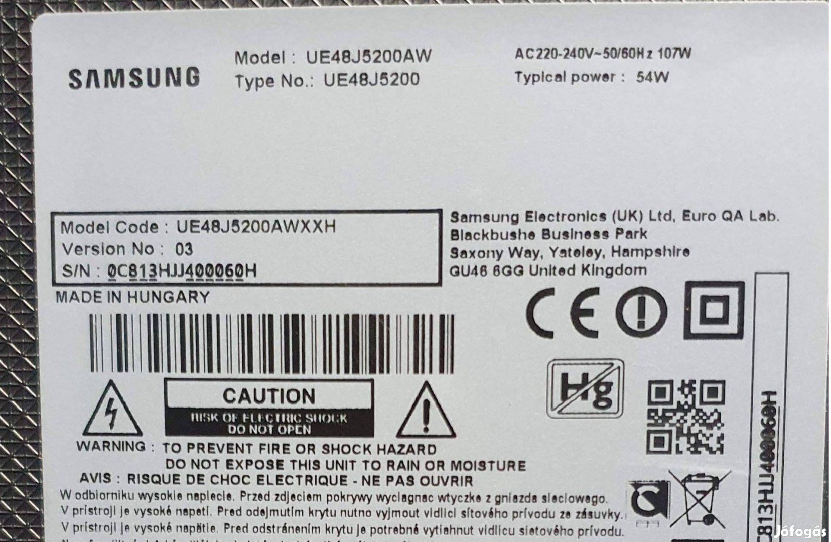 Samsung UE48J5200AW LED tv hibás törött alkatrésznek UE48J5200
