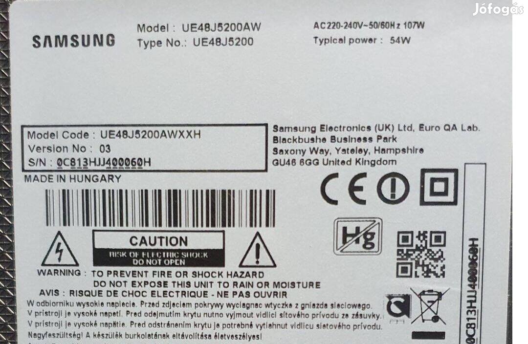 Samsung UE48J5200AW LED tv hibás törött alkatrésznek UE48J5200