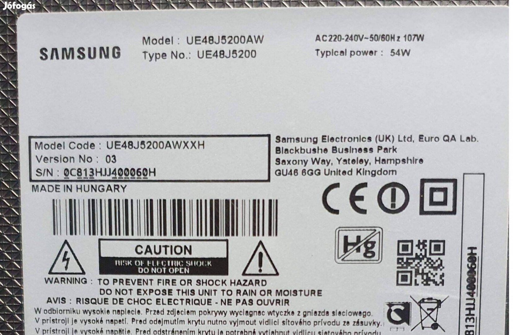 Samsung UE48J5200AW LED tv hibás törött alkatrésznek UE48J5200