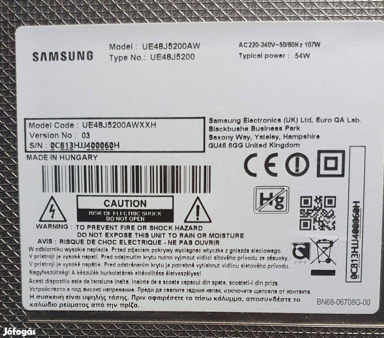 Samsung UE48J5200AW LED tv hibás törött alkatrésznek