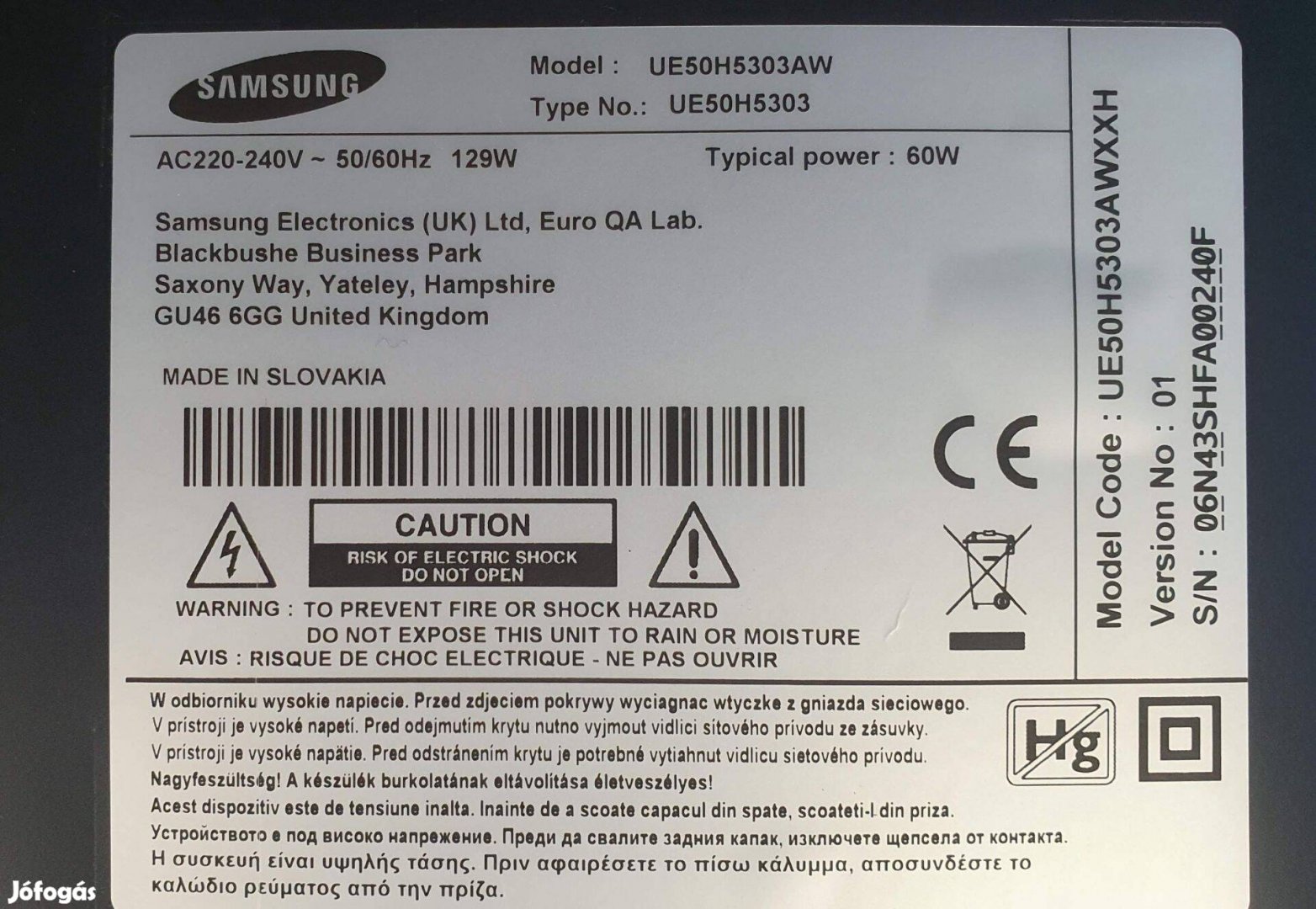 Samsung UE50H5303 LED LCD tv hibás törött alkatrésznek Tcon elkelt