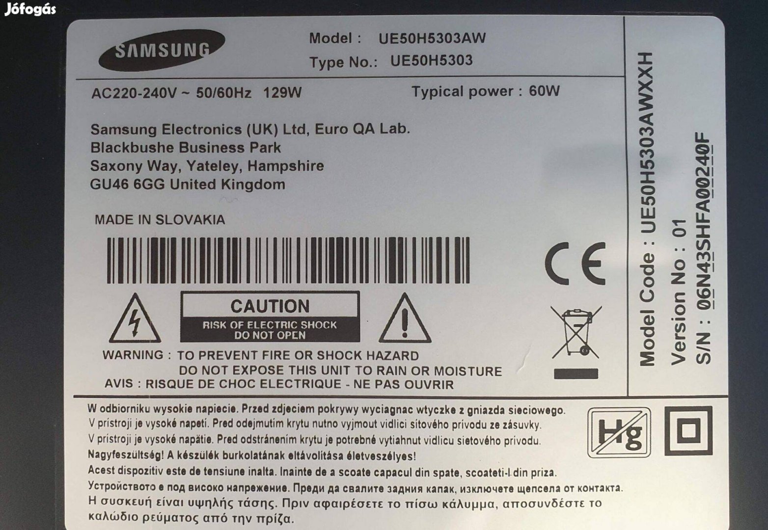 Samsung UE50H5303 LED LCD tv hibás törött alkatrésznek Tcon elkelt