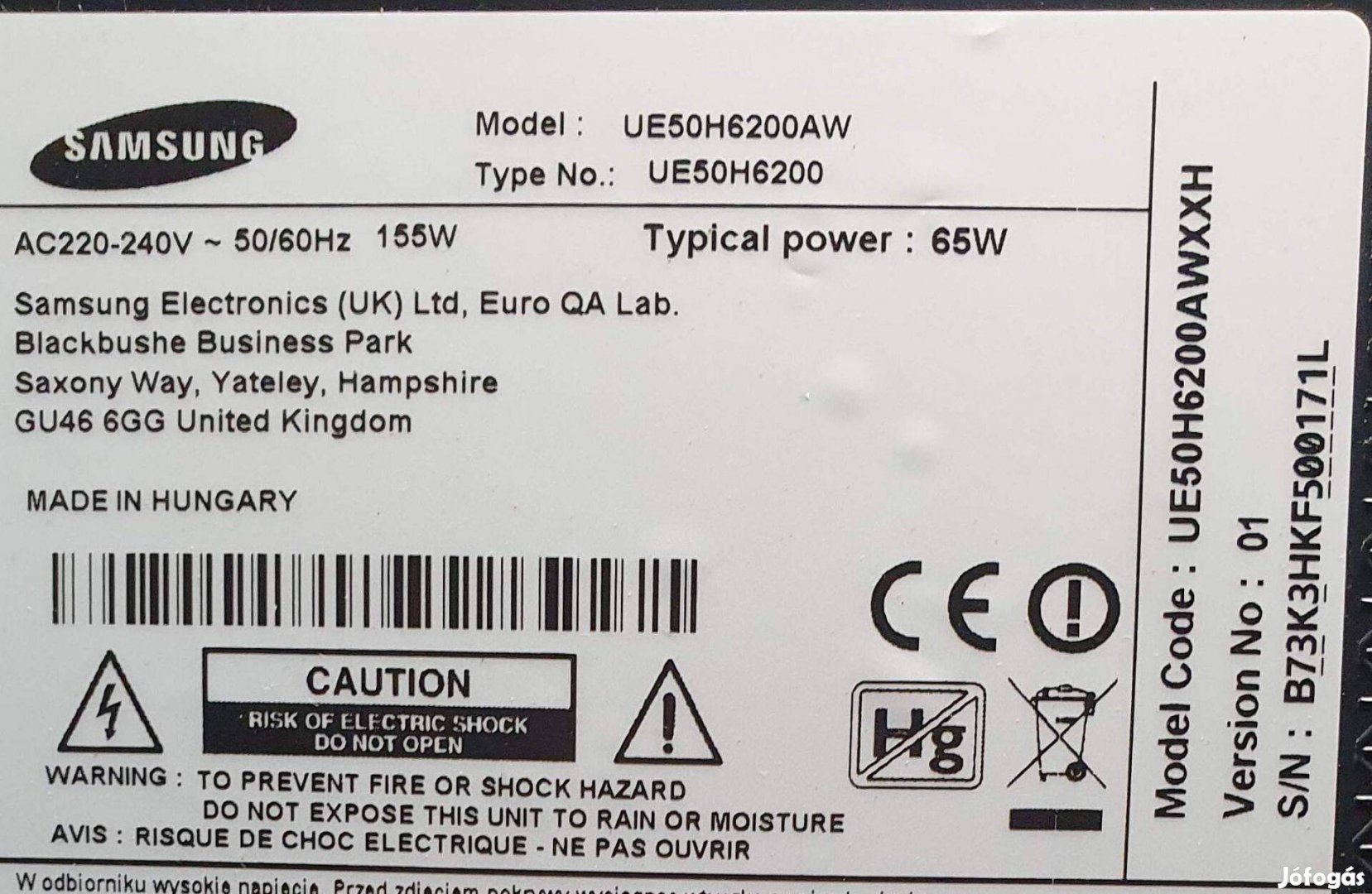 Samsung UE50H6200AW LED LCD tv hibás törött,mainboard elkelt