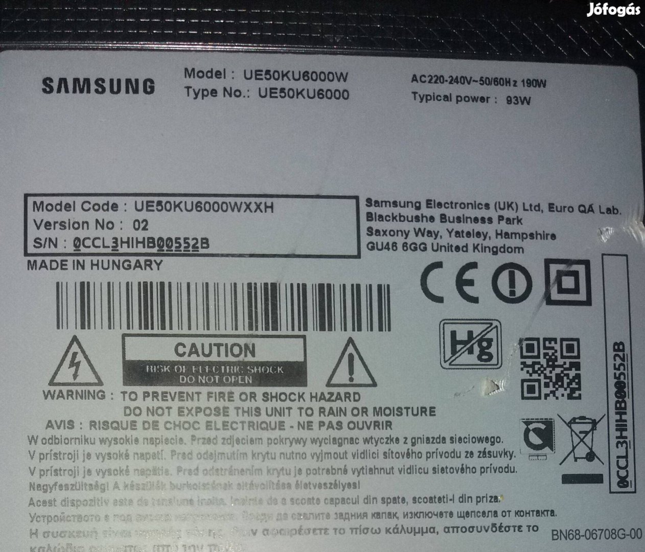 Samsung UE50KU6000 UHD 4K LED LCD tv hibás törött ,main elkelt!