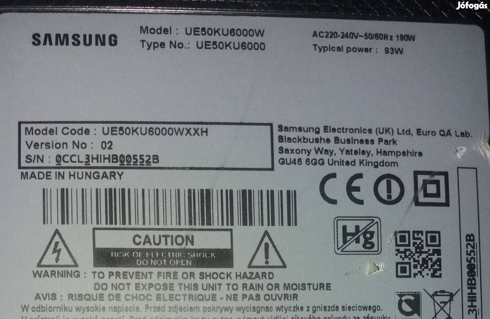Samsung UE50KU6000 UHD 4K LED LCD tv hibás törött ,táp elkelt!