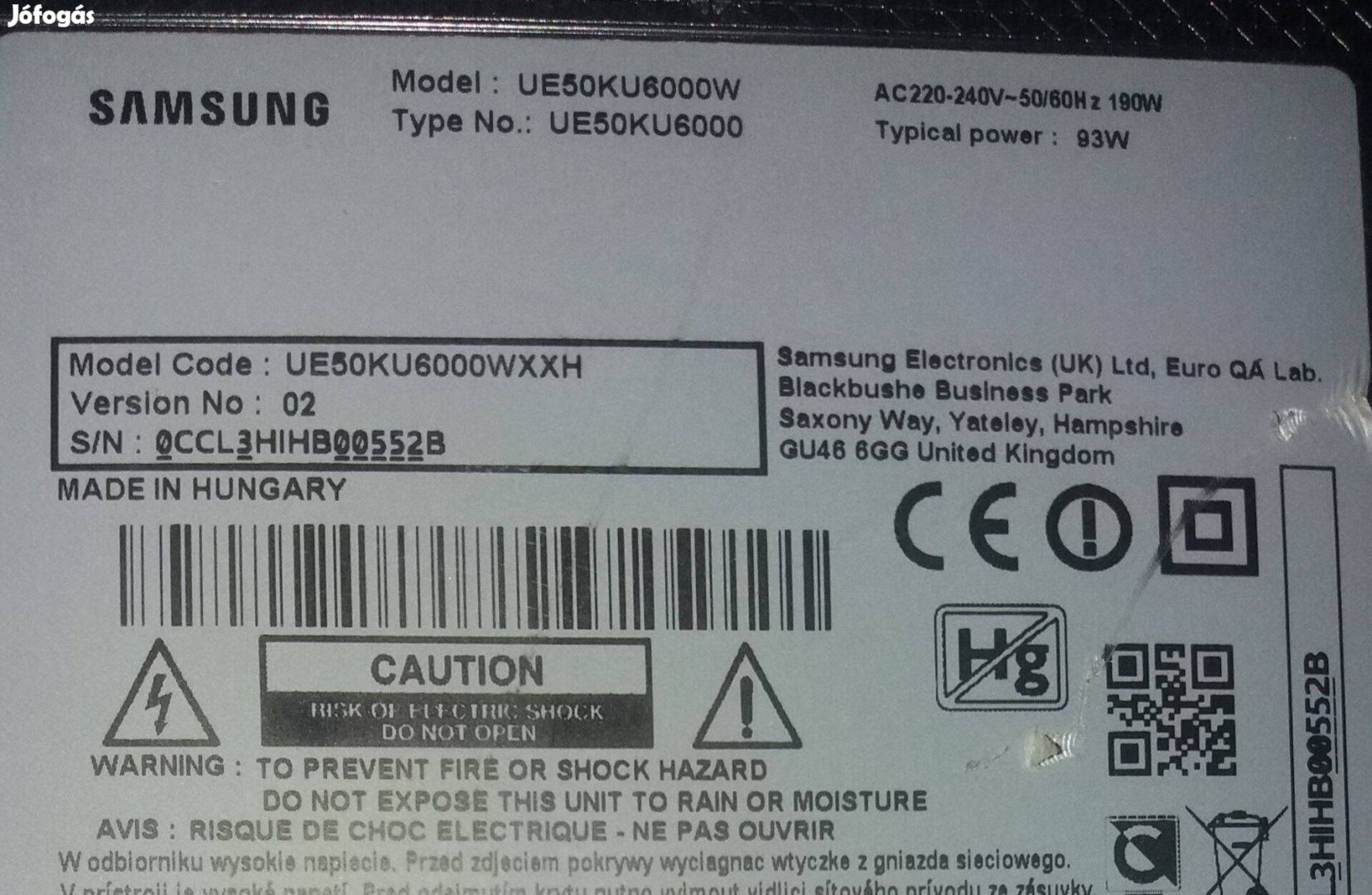 Samsung UE50KU6000 UHD 4K LED LCD tv hibás törött alkatrésznek