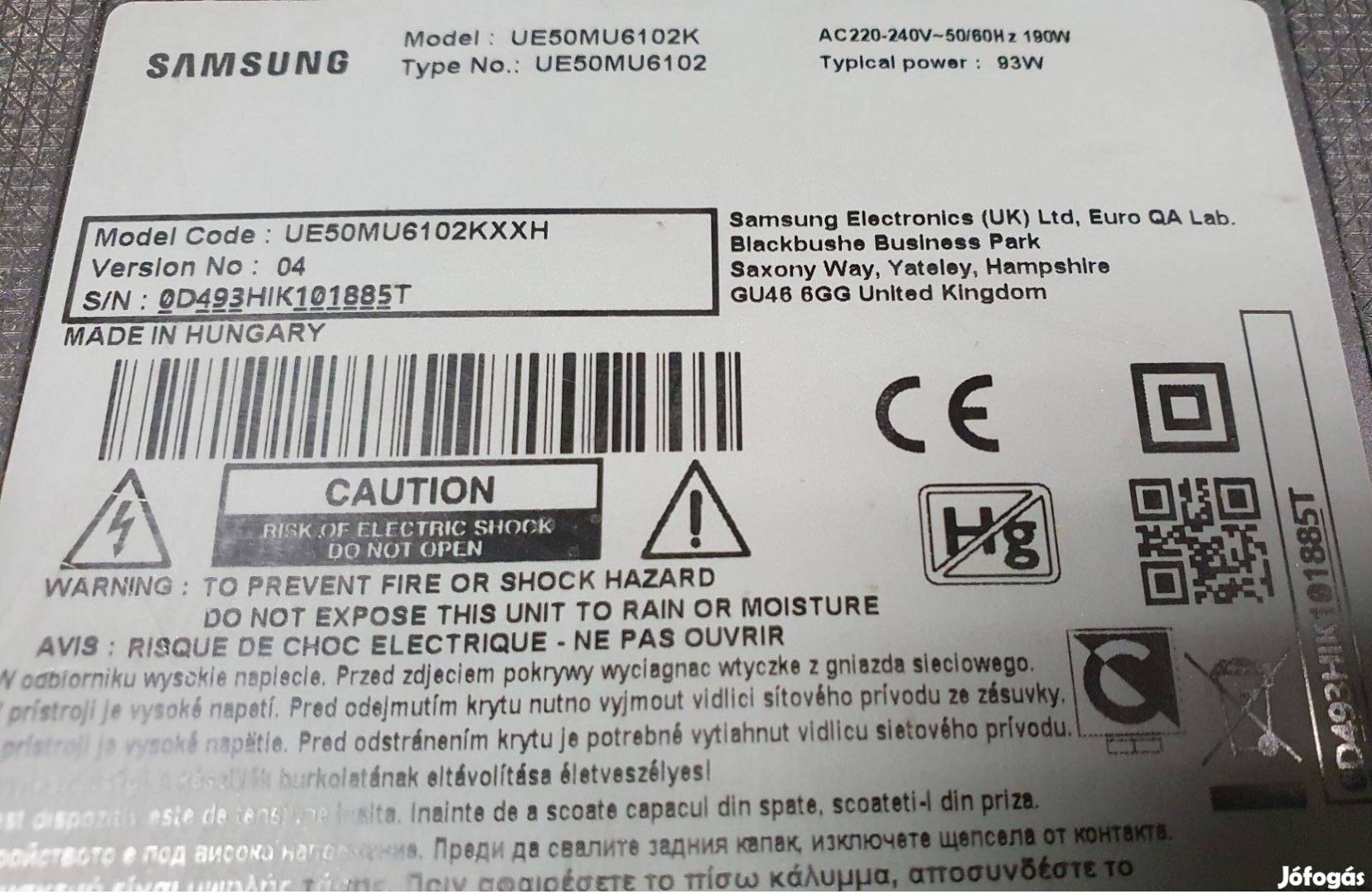 Samsung UE50MU6102K Ver04 Main board hibás nem kapcsol be