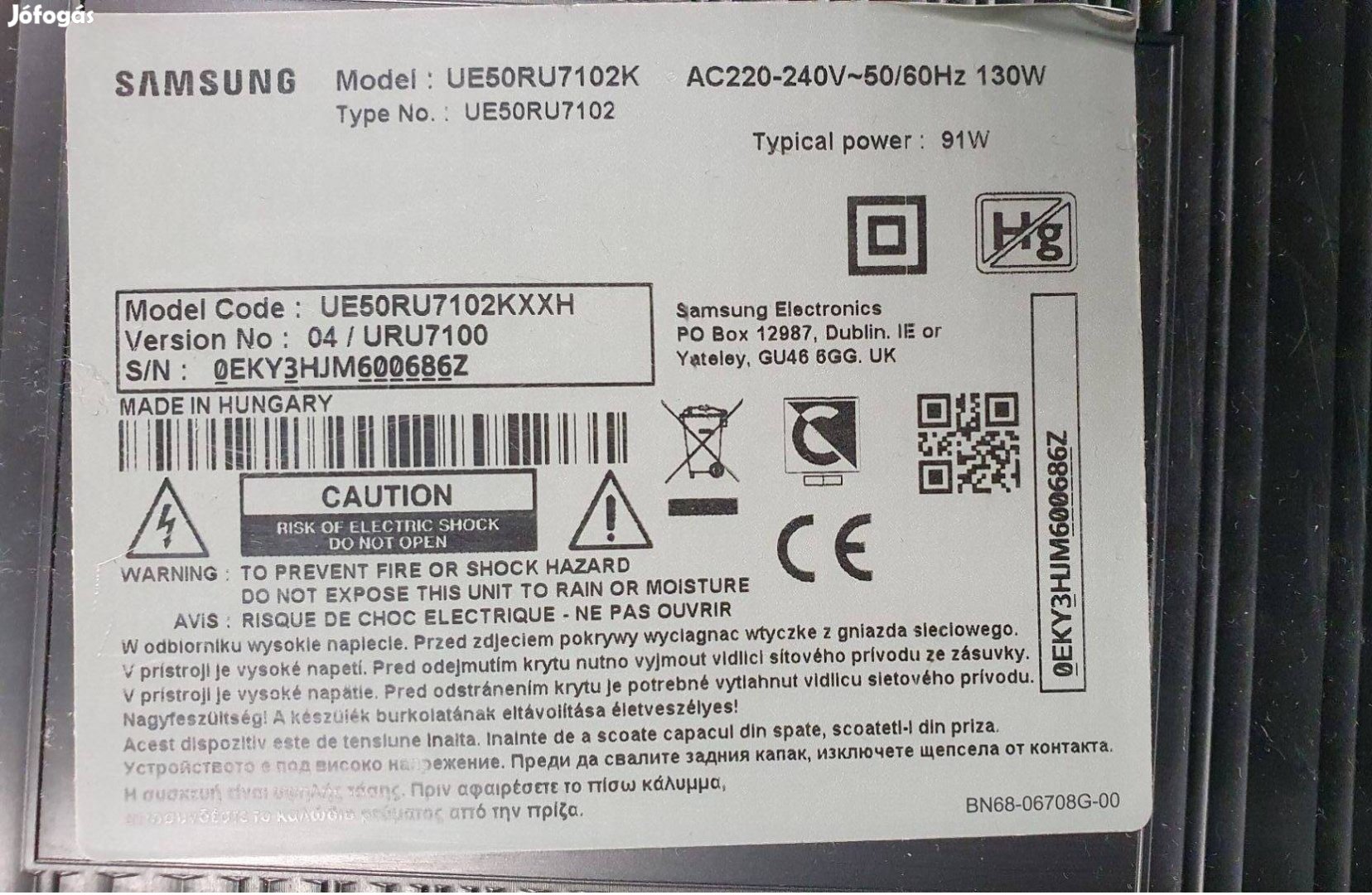 Samsung UE50RU7102K LED LCD tv hibás alkatrésznek táp elkelt