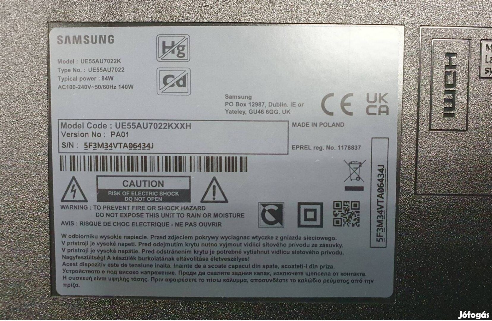 Samsung UE55AU7022K LED LCD tv hibás törött alkatrésznek