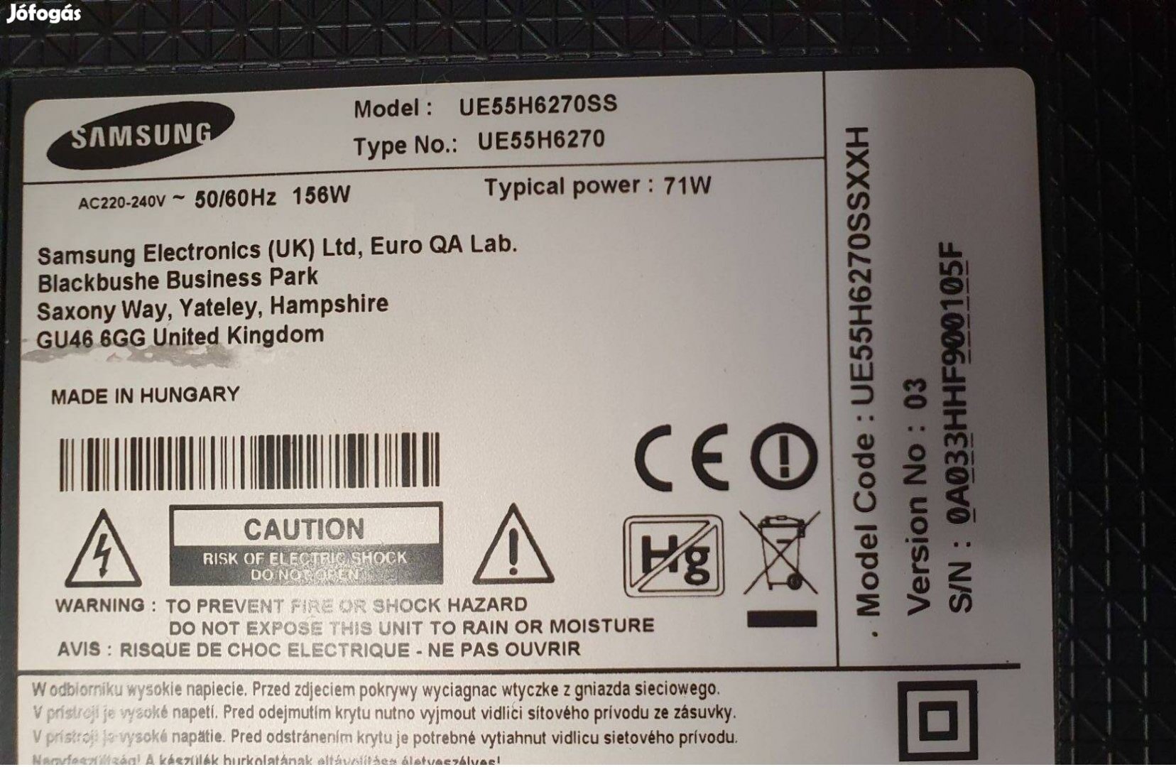 Samsung UE55H6270SS LED tv hibás törött alkatrésznek UE55H6270