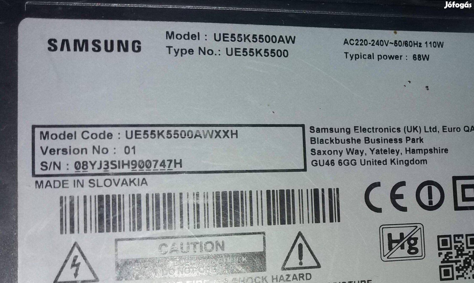 Samsung UE55K5500 LED LCD Tv 55 hibás törött mainboard