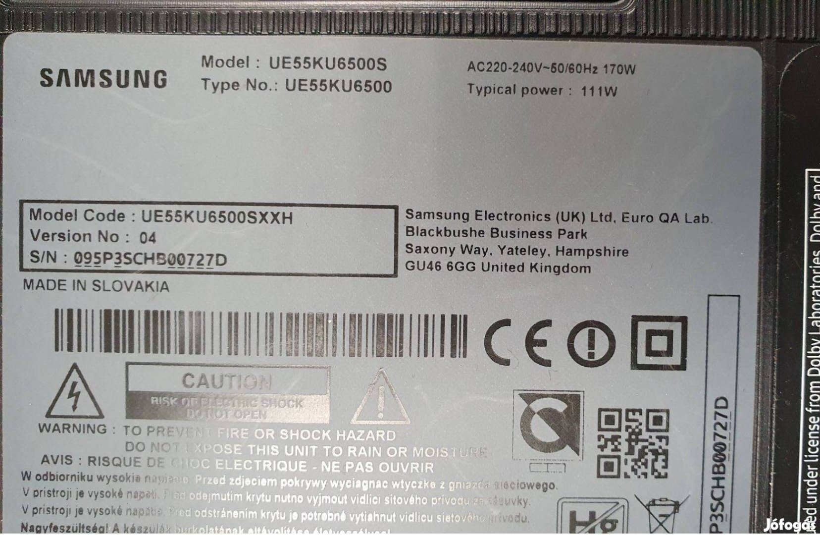 Samsung UE55KU6500S Version 04 LED LCD tv panelek alkatrésznek