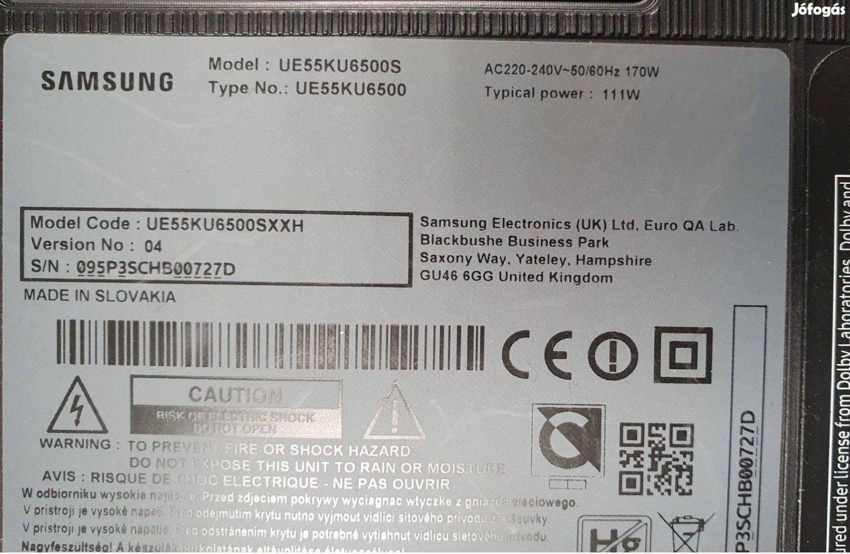 Samsung UE55KU6500S Version 04 LED LCD tv panelek alkatrésznek