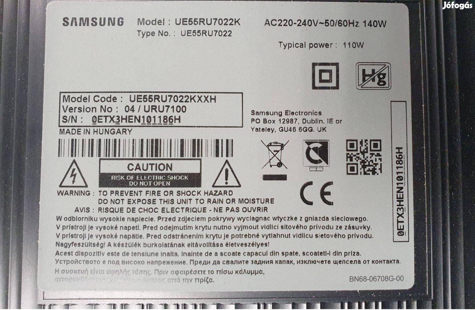 Samsung UE55RU7022K LED LCD tv hibás törött alkatrésznek UE55RU7022