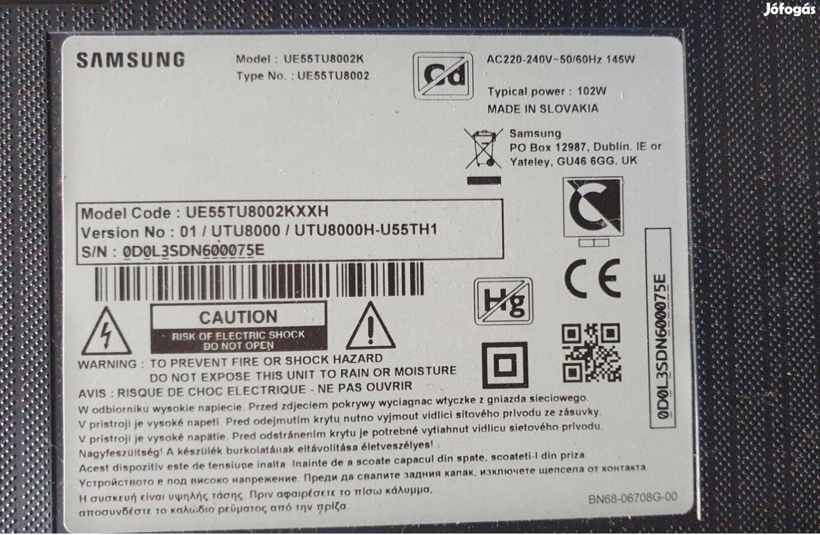 Samsung UE55TU8002K 4K UHD LED tv hibás törött,mainboard elkelt!