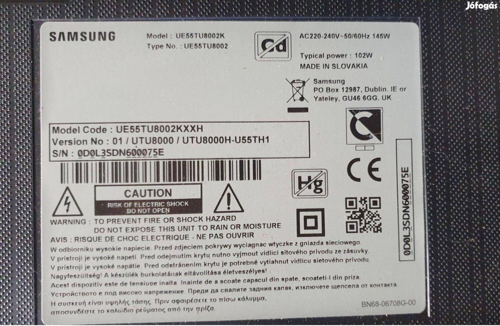 Samsung UE55TU8002K 4K UHD LED tv hibás törött,mainboard elkelt!