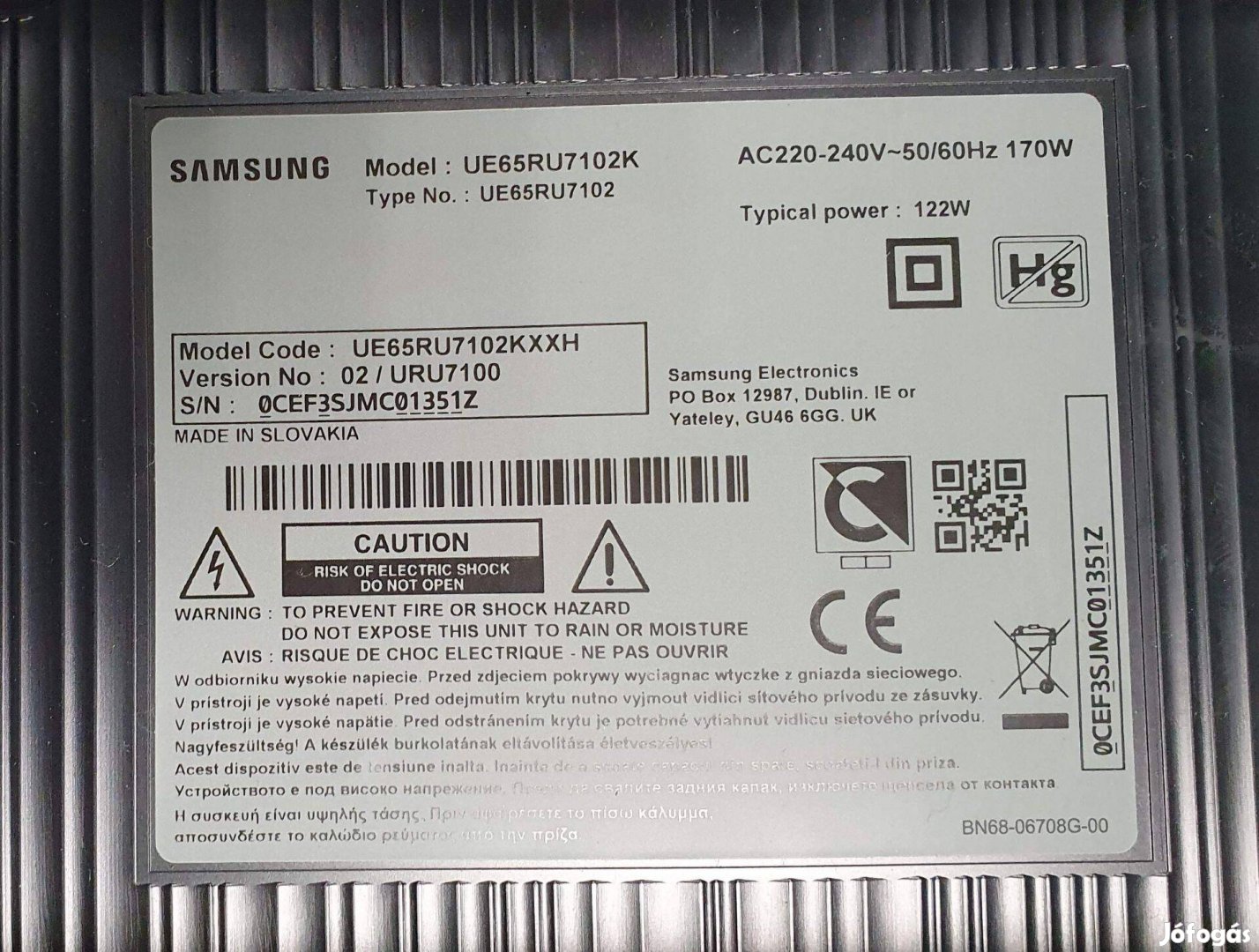 Samsung UE65RU7102 LED tv törött alkatrésznek Mainboard elkelt